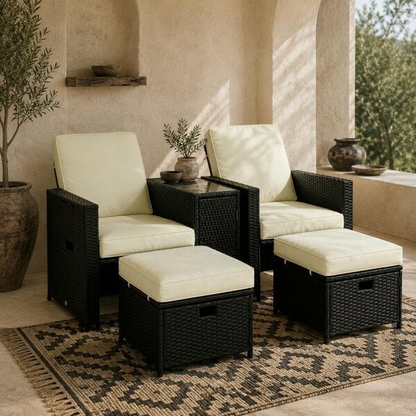 Wyld Haus Niludo Faux Rattan Black and Cream 5 Piece Adjustable Sun Lounger Set With Storage Table And Footstools