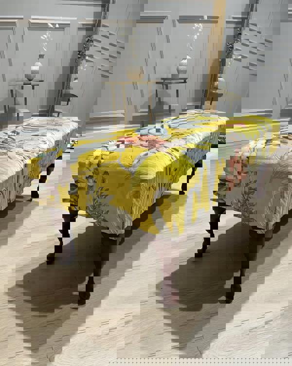 ISTOOLS Premium Zen Floral Footstool Ottoman – Yellow Bird Print Pouffe Footrest for Living Room Decor