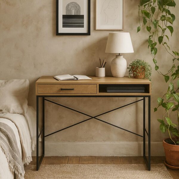 Wyld Haus El Paso Office Desk 1 Drawer Black Metal and Wild Oak Effect
