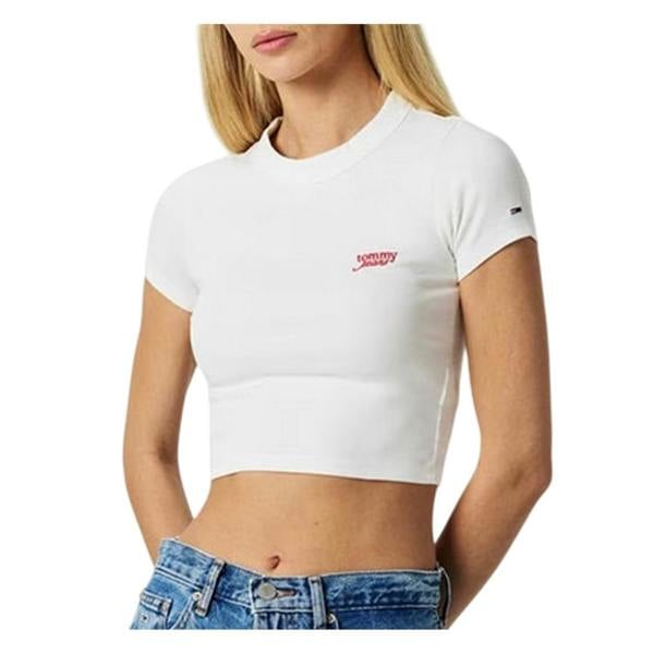 Tommy Jeans Womens/Ladies Embroidered Logo Crop T-Shirt - Ecru - 