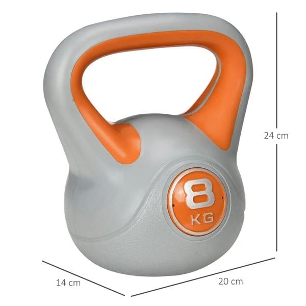 8 kg orange-and-grey kettlebell with front weight marking on handle