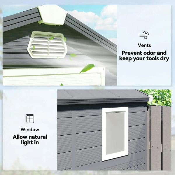 Grey plastic wall shed with roof vent and side window, door open to interior