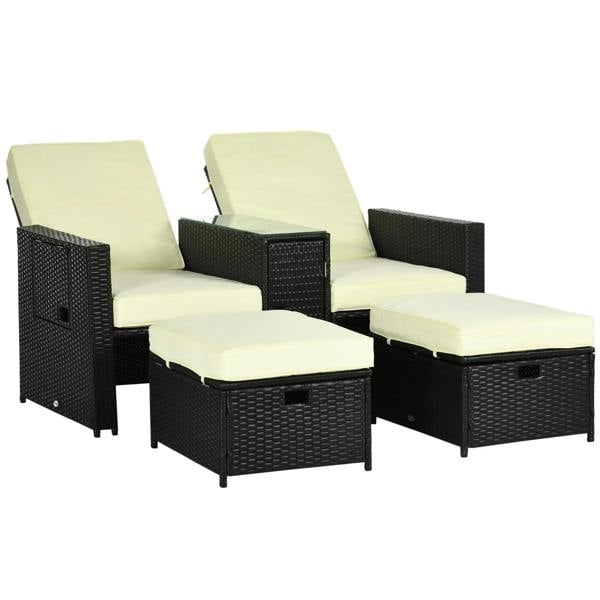 Outdoor wicker sun lounger set with light cushions, black frames, and storage ottomans