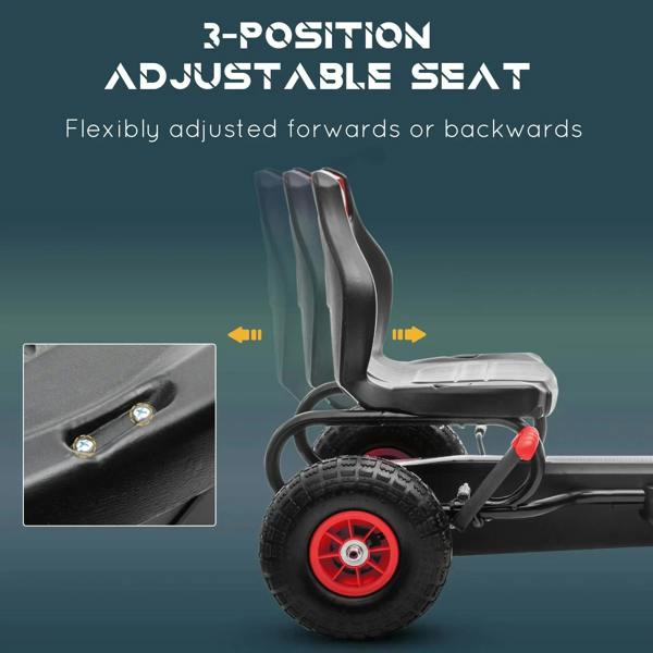 Adjustable seat on kids pedal go-kart, black seat and frame with red wheels