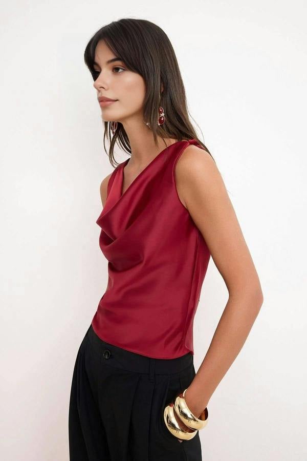 WOVCOR Plain V-Neck Sleeveless Woven Satin Blouse