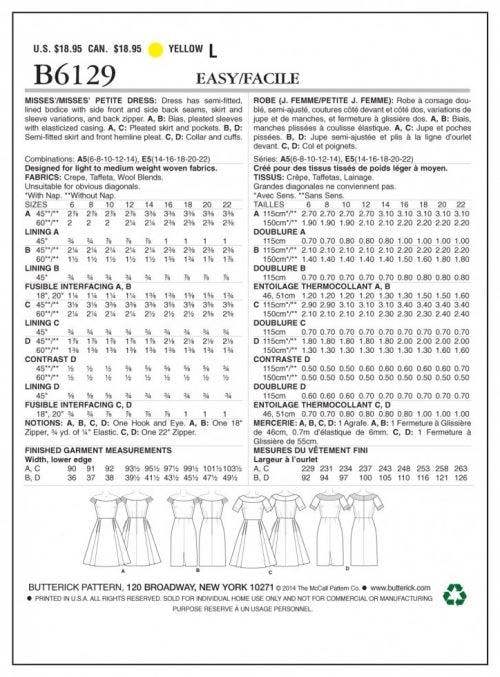 Butterick Sewing Pattern 6129, Dresses for Women, 6-8-10-12-14 - Easy