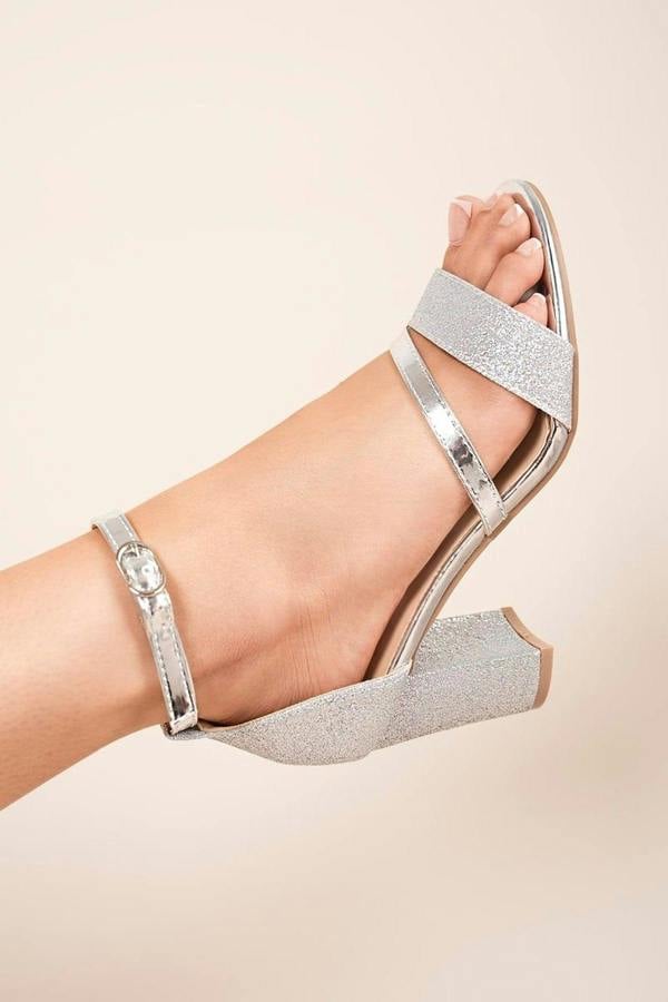 Danika Ankle Strap And Glitter Bands Block Heels - Silver