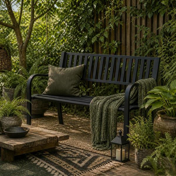 Wyld Haus Dosu Metal Black Outdoor Garden Bench Loveseat With Slatted Frame