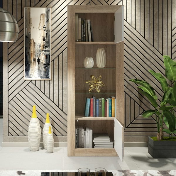 Mex Furniture Modern Display Cabinet 170cm – Oak Body & White Gloss Doors