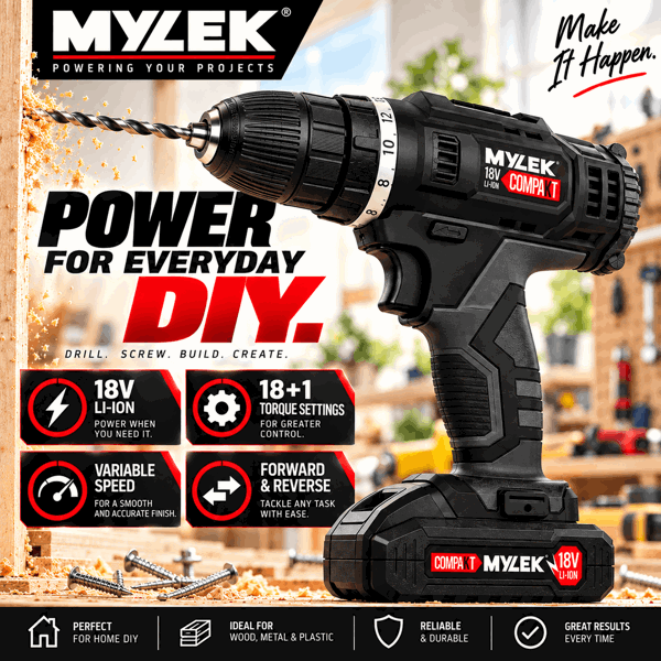 Mylek 18V Cordless Li-ion Drill And 13 Piece Accessory Set
