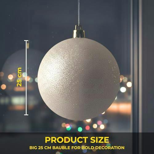 25cm White Glitter Christmas Bauble for Tree, Home Decor and Seasonal Displays image 7