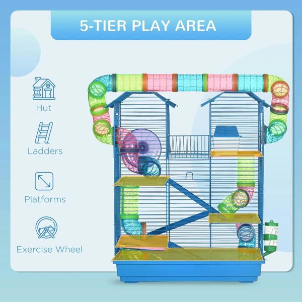 Blue 5-tier play area cage with two platforms, ladder, and tube tunnel