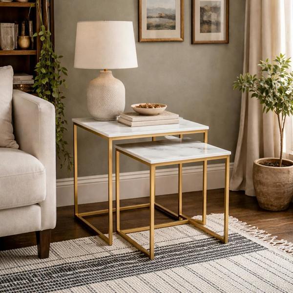 Wyld Haus Vodskov White Marble Set of 2 Nesting Side Tables Gold Legs