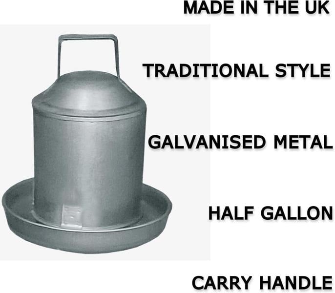 Ketoplastics Chicken Drinker Waterer Traditional Drinker, 2.3L Capacity, Galvanised Steel with Handle for Hens, Ducks, Geese - Half Gallon