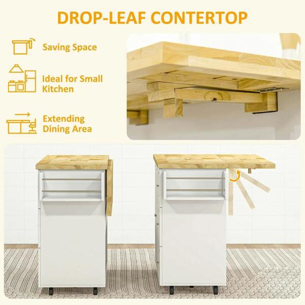 White rolling kitchen island with open drop-leaf countertop and storage cabinets