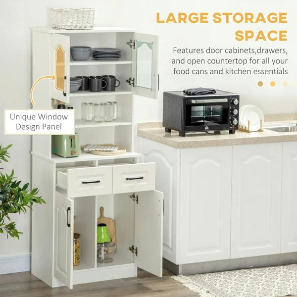 White kitchen cabinet with open doors, adjustable interior shelves, and two drawers