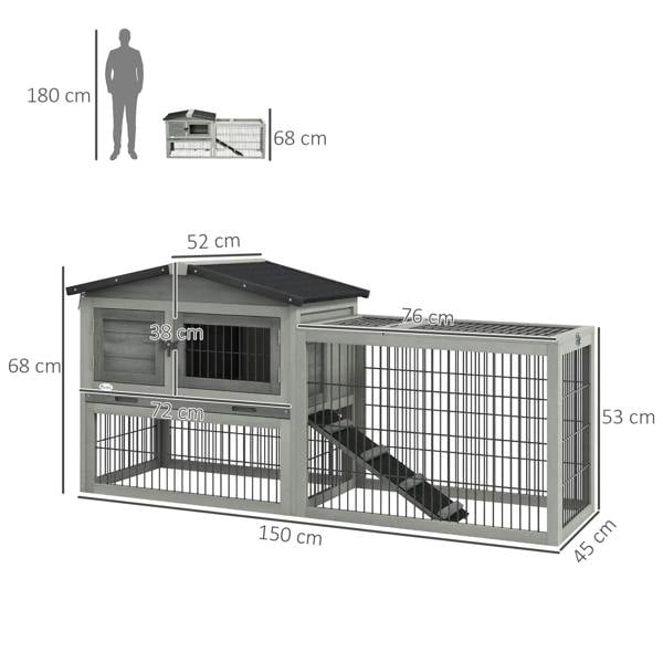 Light grey rabbit hutch with outdoor run, front door, and internal ramp