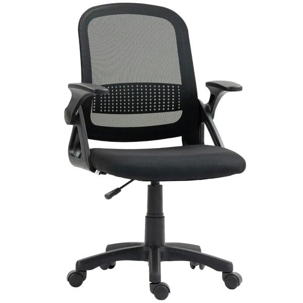 Black ergonomic office chair with breathable mesh back, padded seat, flip-up armrests