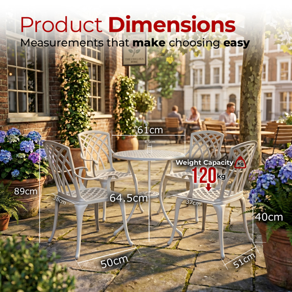 Centurion Supports OSHOWA Luxurious Garden and Patio Table and 4 Large Chairs with Armrests Cast Aluminium Bistro Set - White