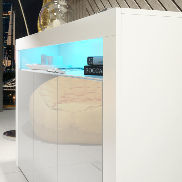 Mex Furniture 155cm Sideboard TV Stand Cupboard Cabinet – White High Gloss Doors with Free LED