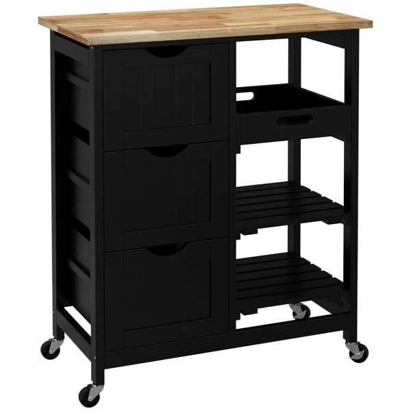 Black kitchen island cart with wood top, drawers, and open slatted shelves on wheels