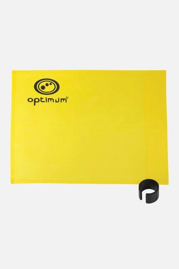 Yellow Optimum corner flag with black logo print and black plastic clip, on white background - Optimum