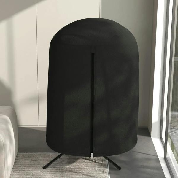 Black hanging egg chair cover with arched canopy and zip front, tripod legs visible