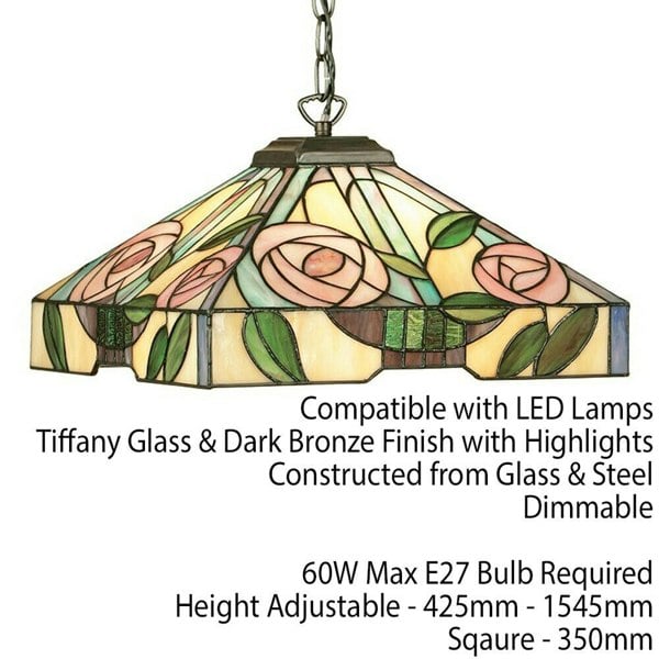 Tiffany Glass Hanging Ceiling Pendant Light Bronze & Square Rose Shade i00156 Loops