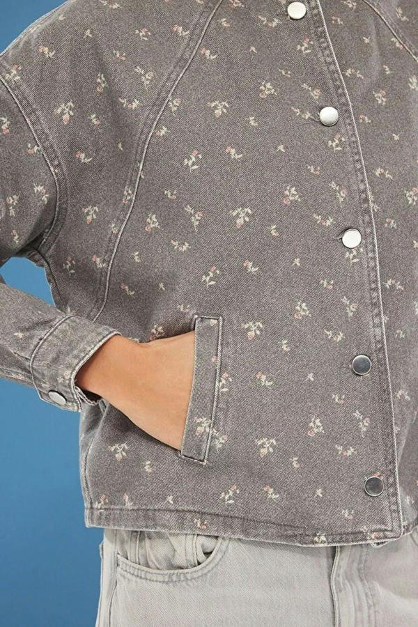 WOVCOR Floral Pattern Denim Bomber Jacket