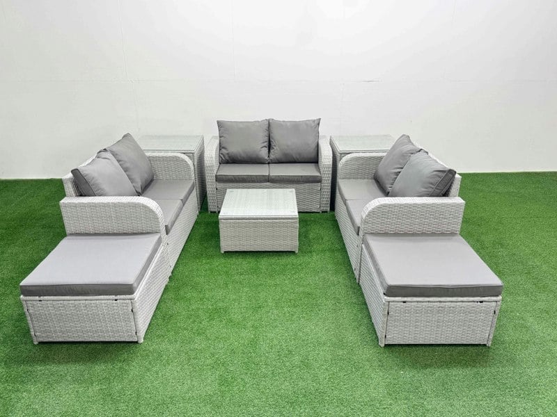 Fimous  8 Seater PE Wicker Rattan Furniture Sofa Sets with Square Coffee Table 2 Seater Love Sofa 2 Big Footstool 2 Side Table Light Grey