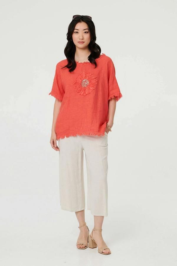 Orange | Frayed Edge Floral Embellished Top