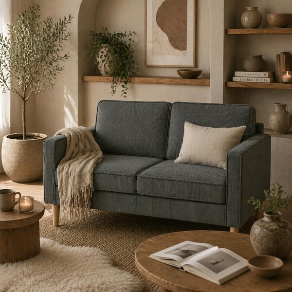 Wyld Haus Sono Vare Corduroy Grey Compact 2 Seater Sofa Natural Wooden Legs