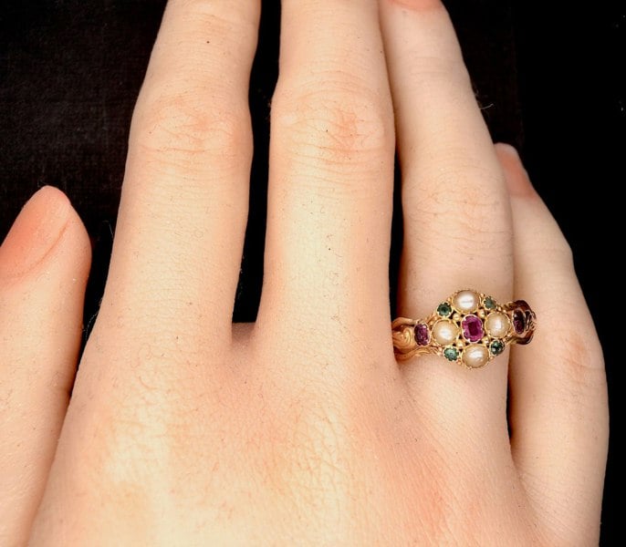 Vintage Tom A pretty Victorian emerald, ruby and pearl dress ring