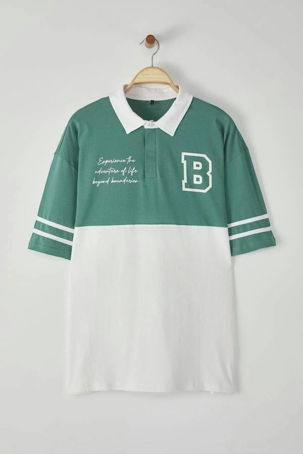 WOVCOR Oversize Color-Block Brooklyn Print Polo Neck Men's T-shirt
