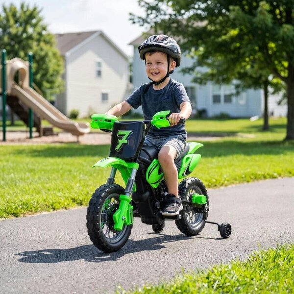 12V Kids Electric Motorbike, Ride on Motorcycle with Dual Motors, Training Wheels, Rear Suspension for 3-6 Years, Green