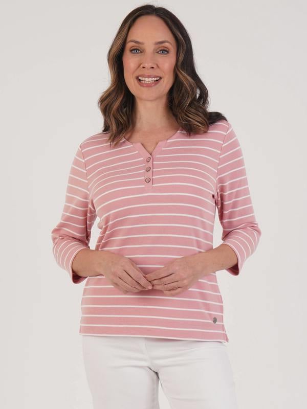 PennyPlain Notch Neck Stripe Top - Dusk/ivory