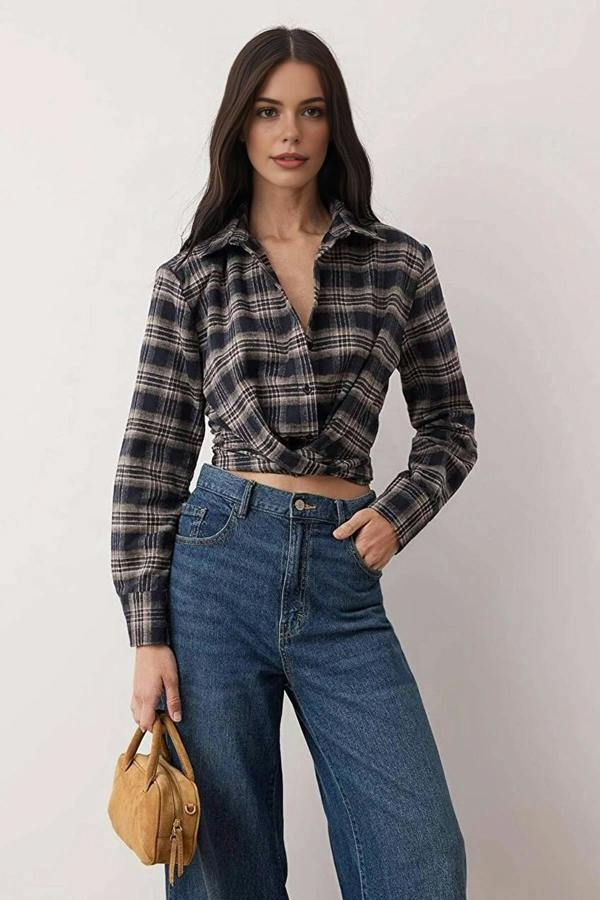 WOVCOR Crop Flannel Shirt with Padded Detail