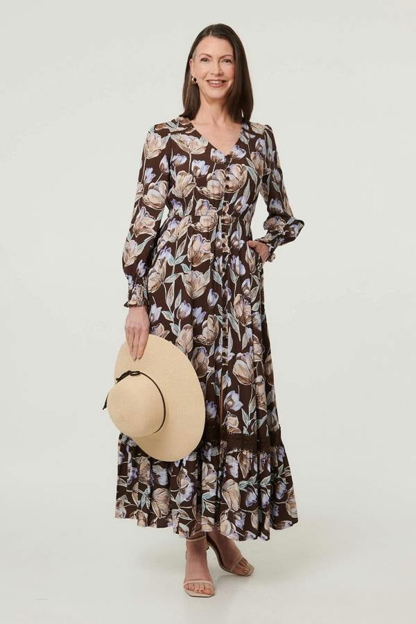 Brown | Floral Long Sleeve V-Neck Maxi Dress