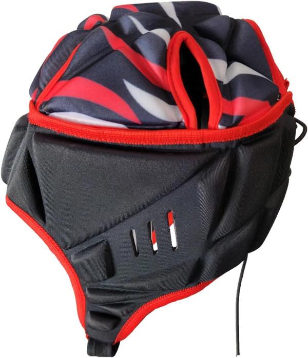 Black and red Optimum rugby headguard top-side view with ear vent slots, red trim and red camo top, on white - Optimum