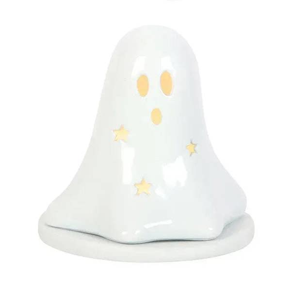 Glossy white ceramic ghost holder with yellow face details and star pattern