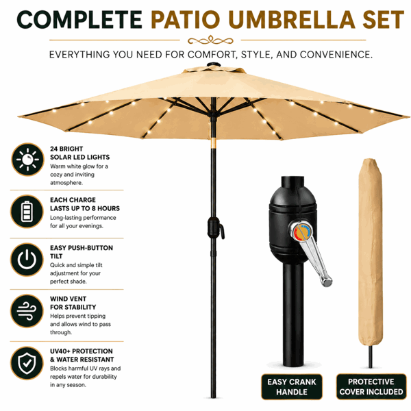 GlamHaus Garden Parasol Solar LED 2.7M ,Tilting Table Umbrella with Crank Handle, Protection UV40, Includes Parasol Cover- Sand