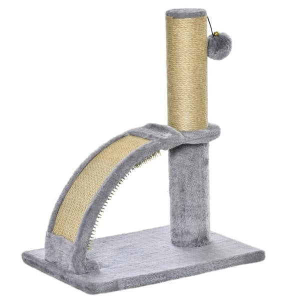 Grey cat climbing tower with sisal jute post, arched scratching pad, hanging bell ball