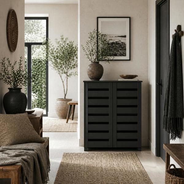 Wyld Haus Kamoza Black Wooden White Slim Entryway Shoe Cabinet With 5 Tier Storage And Slatted Doors
