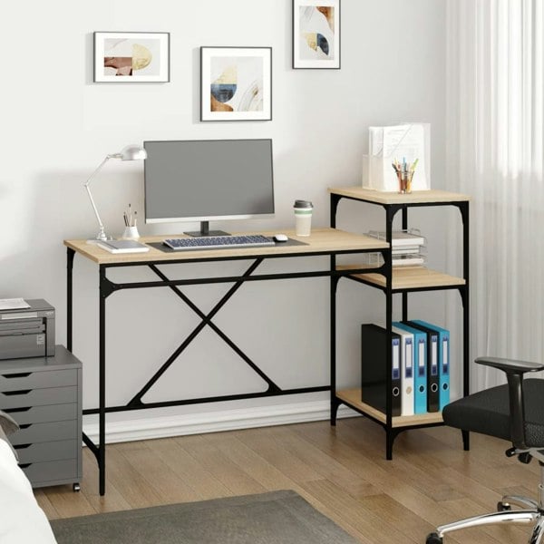 Berkfield Desk with Shelves Sonoma Oak 135x50x90 cm Engineered Wood&Iron