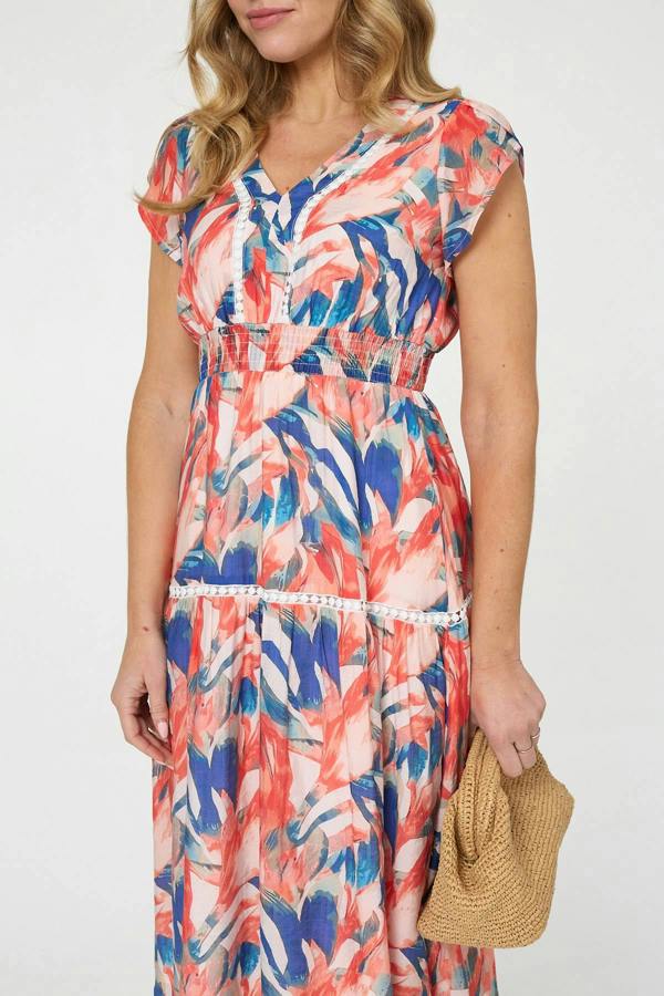 Blue | Abstract Lace Trim Cap Sleeve Midi Dress