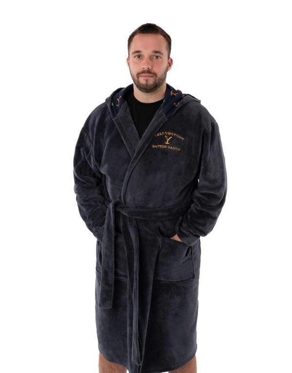 Yellowstone Mens Blue Dutton Ranch Montana Hooded Bathrobe