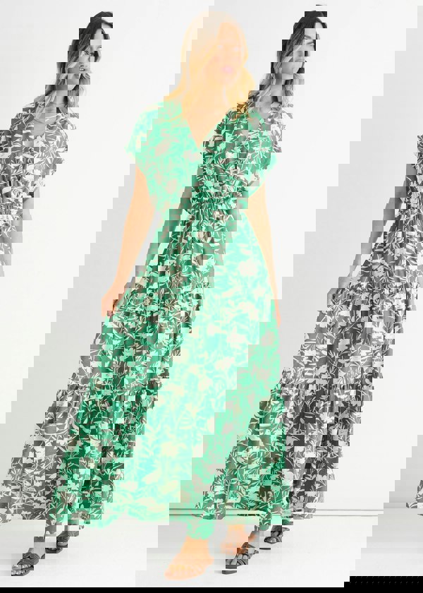 Gini London Green Floral Elastic Waist Maxi Dress