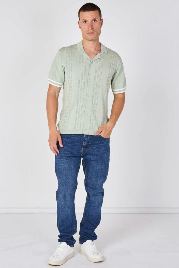 Sage Green Textured Knitted Button-Through Polo Shirt