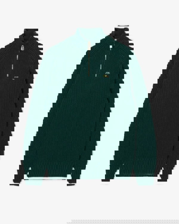 Lacoste High Zip Neck Thick Rib Knit Mens Wool Sweater - Sinople YZP