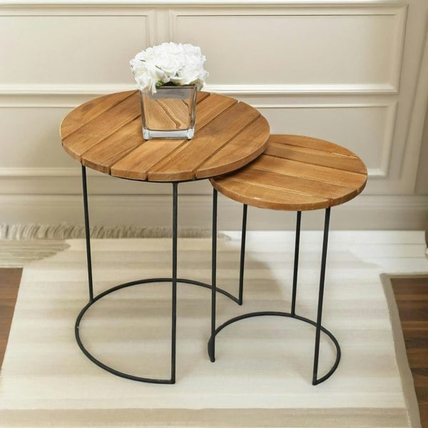 Rafaelo Mobilia Set Of 2 Round Teak Nesting Tables Rustic Brown